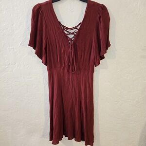 Forever 21 L Sheer flowy Dress Burgundy Lace up Boho Overlay Deep V Lightweight